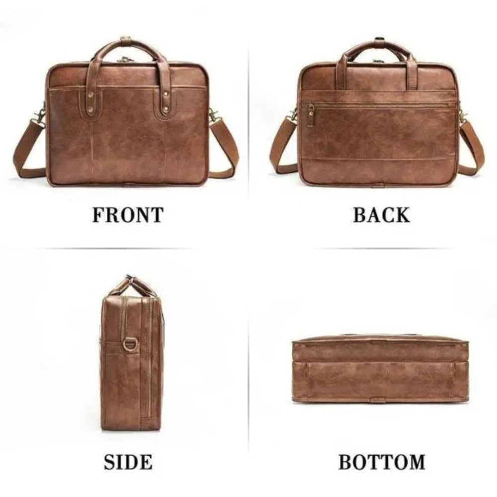 NEW Brown Leather Briefcase 15.6 Inch Laptop Bag Travel Messenger Bag - Picture 4 of 11